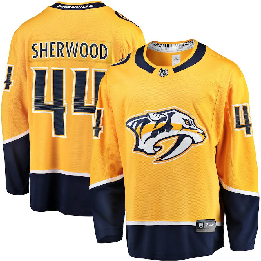 Men Nashville Predators #44 Kiefer Sherwood Fanatics Branded Gold Home Breakaway Player NHL Jersey